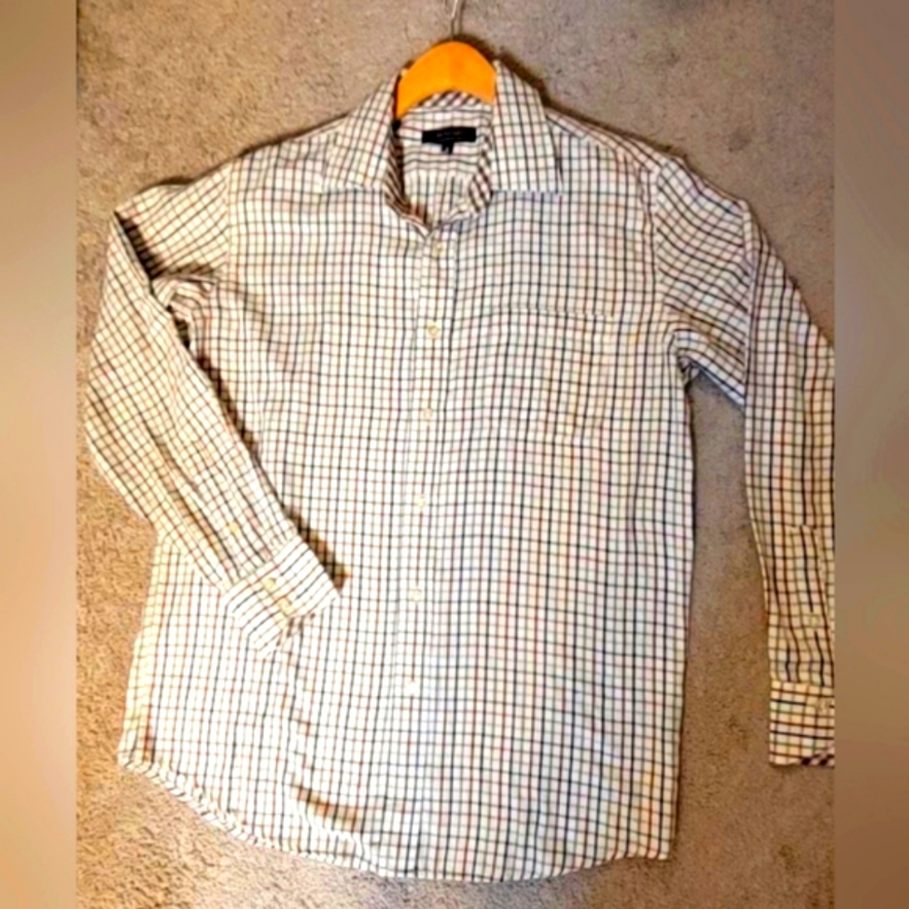 BOGARI Mens Shirt Size Small Plaid Beige Front Pocket Flip Cuff